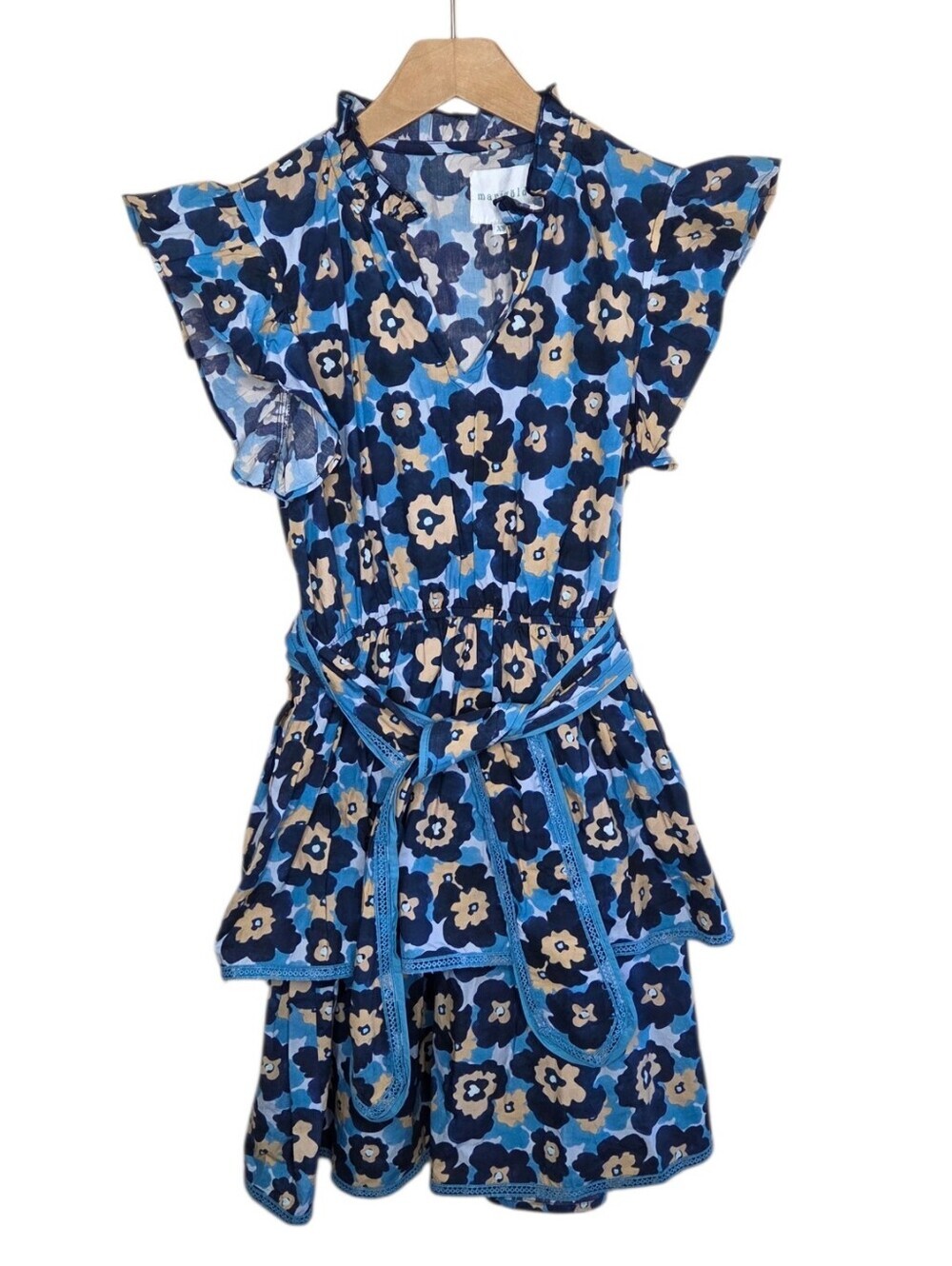 Marigold Blue Tan Navy Floral Print Flutter Sleeve Tiered Dress Size XS